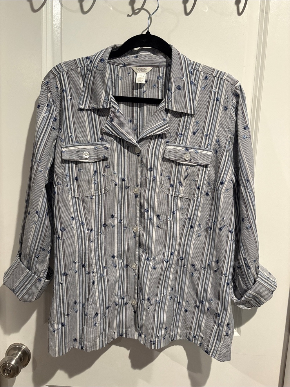 Christopher & Banks Grey and Blue Striped Embroidered Shirt Jacket
